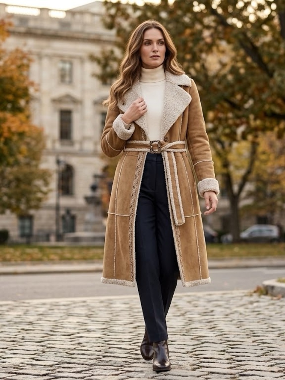 Dex Tan Faux-Suede Shearling-Trim Trench Coat